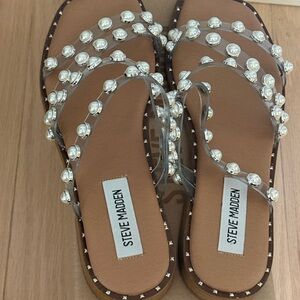 Steve Madden Women's Sandals with Pearl Accents - Tan and White